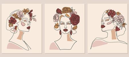 conjunto do mulher retrato com flores em cabeça, ilustração linha desenho. linha arte vetor