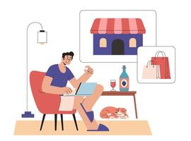 homem compras conectados às casa dentro plano estilo ilustração. homem dentro poltrona compras com dele computador portátil às casa vetor