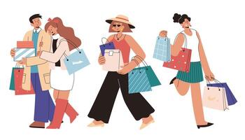 moderno comprador personagens conjunto dentro plano estilo ilustração. personagem Projeto do moderno casal e mulheres fazendo compras com punhado do compras bolsas vetor