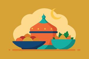 iftar Ramadhan cardápio Comida em tradicional tajine vetor ilustração