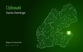 djibouti mapa com uma capital do djibouti cidade mostrando dentro uma microchip padronizar com processador. e-governo. mundo países vetor mapas. microchip Series