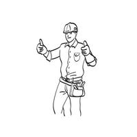 trabalhador masculino bem sucedido com capacete mostrando polegares para cima mão sinal ilustração vetorial isolado na arte de linha de fundo branco. vetor