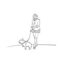 mulher com seu vetor de ilustração de bulldog isolado na arte de linha de fundo branco.