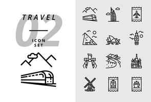 Pack ícone para viagens, transporte de trem, Dubai, bilhete de voo, pirâmide, ópera, Big Ben, mochileiros, grande muralha, Taj Mahal, moinho de vento, bilhete de trem, bilhete de barco.