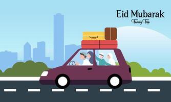 muçulmano família dentro carro viagem para cidade natal durante eid Mubarak celebração vetor
