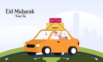 muçulmano família dentro carro viagem para cidade natal durante eid Mubarak celebração vetor