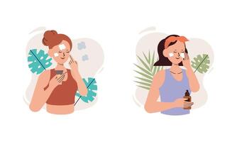 mulheres apreciar pele Cuidado rotina às casa ilustração vetor