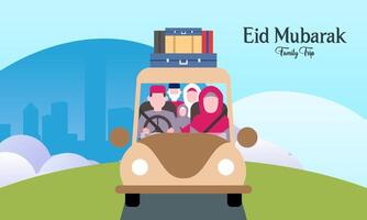 muçulmano família dentro carro viagem para cidade natal durante eid Mubarak celebração vetor
