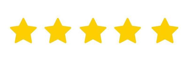 as classificações de produtos de clientes de cinco estrelas analisam ícones planos para aplicativos e sites. ilustração de cinco estrelas amarelas douradas em uma fileira. isolado em um fundo branco. conceitos para classificações, clientes, revisão. vetor