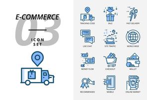 Pacote de ícones para e-commerce, código de acompanhamento, venda, entrega rápida, fluxo de dinheiro, checkout, carteira, chat ao vivo, tráfego do site, mercado mundial, móvel, on-line. vetor