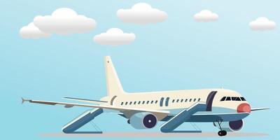 vetor ilustração do avião às aeroporto. azul avião estacionamento. preencher passageiros.