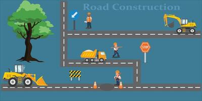 construção carro em a estrada. uma Largo variedade do construção veículos. estrada sinais, construção trabalhadores. desenvolvimento vetor ilustração