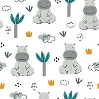 Seamless pattern animal cartoon background há hipopótamos e árvores desenhadas à mão no estilo infantil. use para impressões, papéis de parede, decorações, têxteis, ilustrações vetoriais. vetor