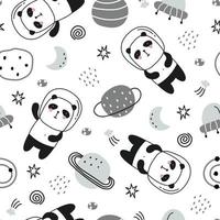 fundo animal dos desenhos animados para padrão sem emenda de crianças com pandas flutuando no espaço e nas estrelas. mão desenhada design em estilo infantil, usado para tecidos, têxteis, impressão de papel de parede, decoração. vetor