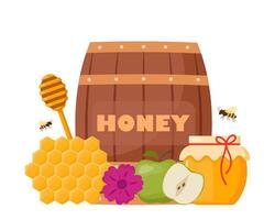 apicultura fofa composição. mel, abelha, favos de mel, querida jarra, barril, concha, flor, maçã. saudável doce xarope. apicultura Fazenda. querida abelha agricultura negócios. vetor ilustração.