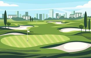 plano Projeto do verde golfe campo curso com paisagem urbana dentro brilhante dia vetor