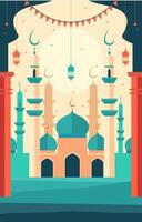 mesquita e lanterna islâmico eid al fitr festival cartão vetor