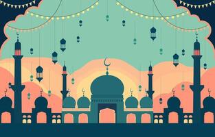 mesquita e lanterna islâmico eid al fitr festival cartão dentro a tarde vetor