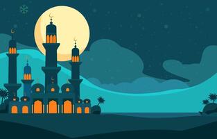 islâmico mesquita eid al fitr festival cartão dentro noite céu vetor