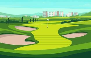 plano Projeto do verde golfe campo curso com paisagem urbana dentro brilhante dia vetor