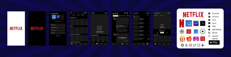 netflix interface com botão. netflix tela social meios de comunicação, social rede interface modelo. pagina inicial, Netflix, Novo e quente, inscrição, perfil. gradiente fundo. editorial vetor