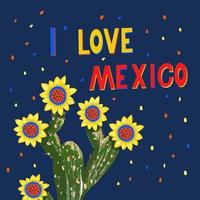 eu amo o México. letras e ilustração de cactos florescendo vetor