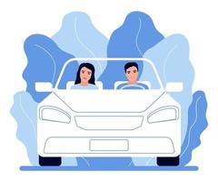 casal de pessoas viaja de carro, viagem para a natureza. homem e mulher de família estão dirigindo ao longo da estrada. viagem. ilustração vetorial vetor