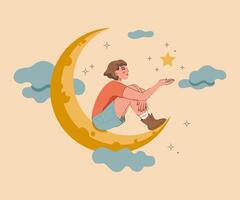sonhadores menina fantasia sobre oportunidade para sentar em crescente lua e aguarde Estrela com firmamento. fabuloso fêmea adolescente dentro casual roupas fantasia sobre viajando através noite céu com nuvens vetor