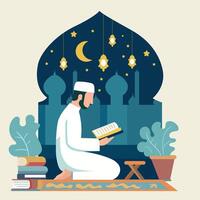 plano Projeto ilustração do uma muçulmano pessoa lendo a Alcorão vetor