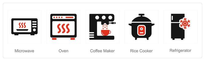 uma conjunto do 5 casa utensílio ícones Como microondas, forno, café criador vetor