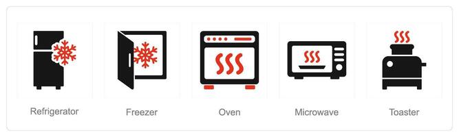 uma conjunto do 5 casa utensílio ícones Como refrigerador, congelador, forno vetor