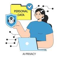 ai ética conceito. mulher usando computador portátil, garantindo ai's comprometimento para privacidade vetor