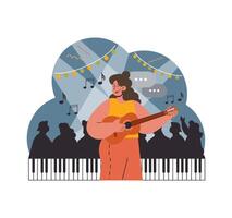 guitarrista Centro estágio. plano vetor ilustração