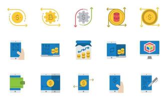 ícones de linha do setor financeiro planos, bancário, bitcoin, pagamento vetor