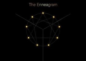 ícone de eneagrama, geometria sagrada de luxo dourado, modelo de logotipo de diagrama, um a nove sobre os nove tipos de personalidade, ilustração em vetor estilo linha tracejada dourada isolada no fundo preto