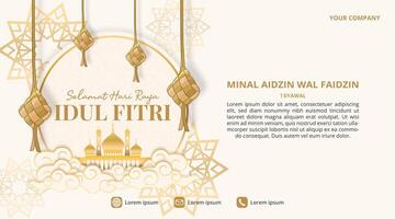 Selamat hari raya idul fitri ou feliz eid al fitr fundo com ketupat e padronizar vetor