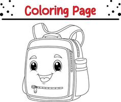 coloração página mochila escolar sorridente face vetor