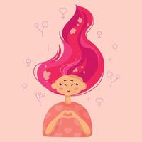 fofa personagem menina mostrando coração com mãos.jovens mulher com Rosa cabelo com coração em forma mãos.vetor ilustração dentro plano estilo. inspirar inclusão conceito vetor