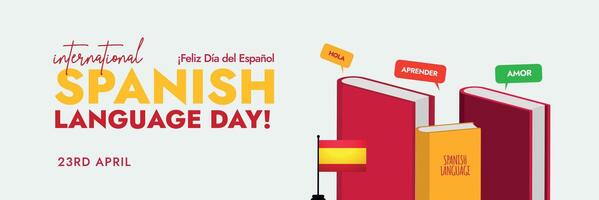internacional espanhol língua dia. 23º abril espanhol língua dia celebração social meios de comunicação cobrir bandeira com Espanha bandeira e texto escrito dentro amarelo e vermelho cor. discurso bolhas do espanhol palavras. vetor