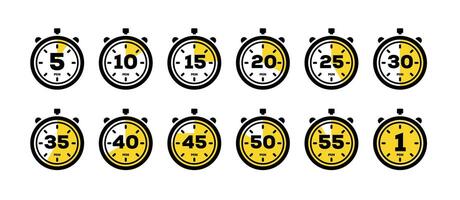 conjunto do cronômetro e cronômetro ícones. cozinha cronômetro ícone com diferente minutos. cozinhando Tempo símbolos e etiquetas vetor