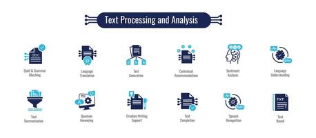 texto em processamento e análise ícones. Compreendo e manipular texto. ícones para nlp, análise, resumo, sentimento e mais. vetor