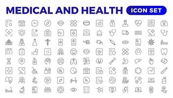 saúde e médico linear ícones tal Como bisturi, salina, optometrista, otoscópio, correção, e gravidez teste linha ícones.medecine plano ícones. coleção do saúde Cuidado médico sinais. esboço ícone definir. vetor