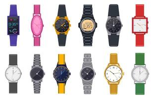 moderno relógios. relógio de pulso, unissex Tempo cronógrafo, relógio inteligente, homem mulher moderno e moda pulso relógios vetor ilustração ícones conjunto