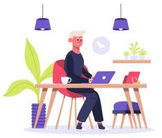 freelance trabalhador. homem trabalho em computador portátil às lar, masculino freelance personagem, conveniente casa escritório ambiente de trabalho. trabalhando a partir de casa vetor ilustração