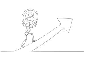 robô ilustração carregando uma ampla moeda com uma dólar sinal, ascendente ao longo a para cima seta, simbolizando financeiro crescimento ou investimento dentro tecnologia. vetor