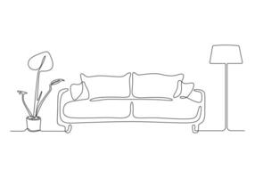 contínuo 1 linha desenhando do sofá ou sofá com luminária e em vaso plantar. moderno mobília simples linear estilo vetor ilustração