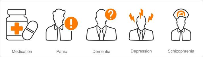 uma conjunto do 5 mental saúde ícones Como medicamento, pânico, demência vetor