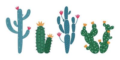 cactos vetor definir. saguaro com grandes verde tronco, espinhoso pera, espinhoso cereus. florescendo suculentos com colorida flores planta de casa ou deserto cacto. plantar do América, México. mão desenhado rabiscos clipart