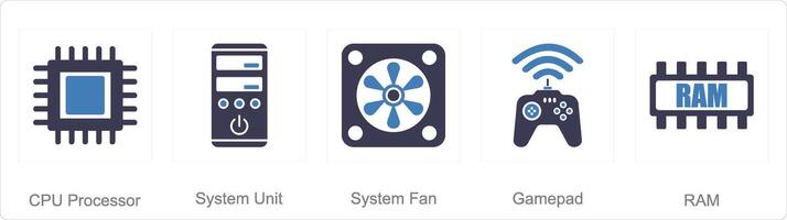 uma conjunto do 5 peças de computador ícones Como CPU processador, sistema unidade, sistema ventilador vetor