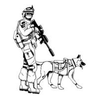 k9 militares cachorro dentro colete com armado soldado soldado vetor ilustração. caminhando alemão pastor ou Belga Malinois Preto e branco desenhando para patriótico veterano dia projetos.